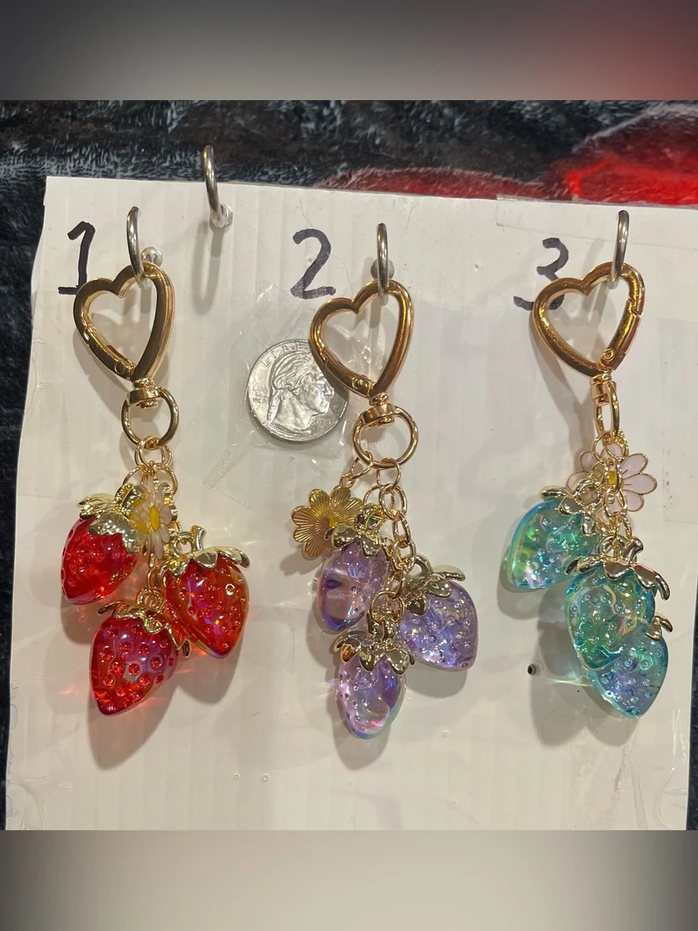 #7 Choice of 1 Gold Heart Clip Strawberry Charm Keychain - Red, Purple, Aqua